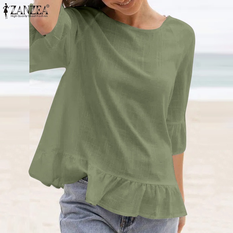 Áo Kiểu Cổ Tròn Tay 3/4 Nhún Bèo Màu Trơn Phong Cách Vintage ZANZEA Dành Cho Nữ