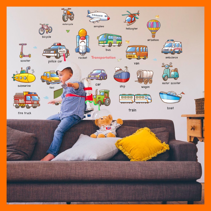 Decal dán tường phương tiện giao thông kèm tiếng anh