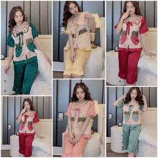 [Bộ Ngủ Lụa Pijama Lụa Lửng -Trái Dâu] Họa Tiết Xinh Xắn