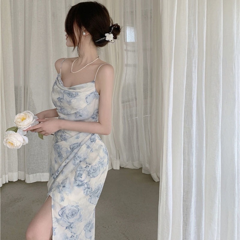 Đầm Lửng Hai Dây Xẻ Tà In Họa Tiết Hoa Thời Trang Mùa Hè Chất Lượng Cao Cho Nữ