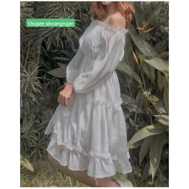 Váy Trễ Vai Chất Von 2 Lớp 3 Tầng Mặc 2 Kiểu Váy Trắng Tiểu Thư Xinh Xắn