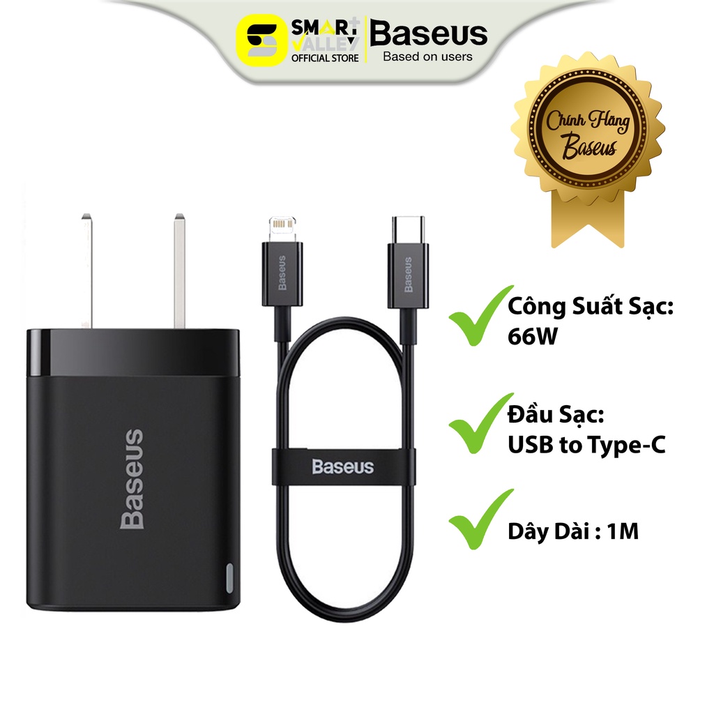 Bộ Sạc Nhanh Kèm Cáp Baseus Super Si Pro Quick Charger 1C 20W , tương thích với PD 18W- Type-C to iP ,Chất liệu ABS+TPE