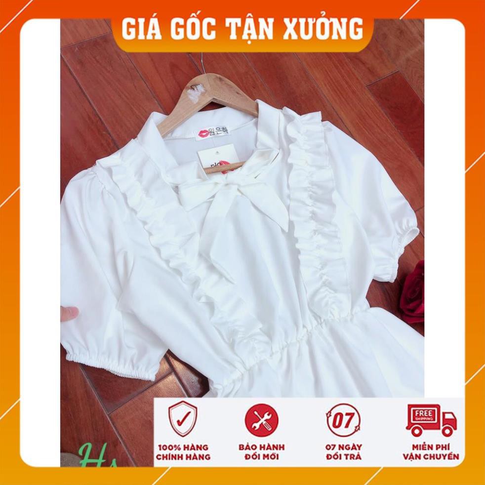 [FREESHIP] Đầm Nữ Trắng Vai Bèo Cộc Tay Buộc Nơ 🦋 Váy Nữ Chất Đũi Dáng Xòe 🦋