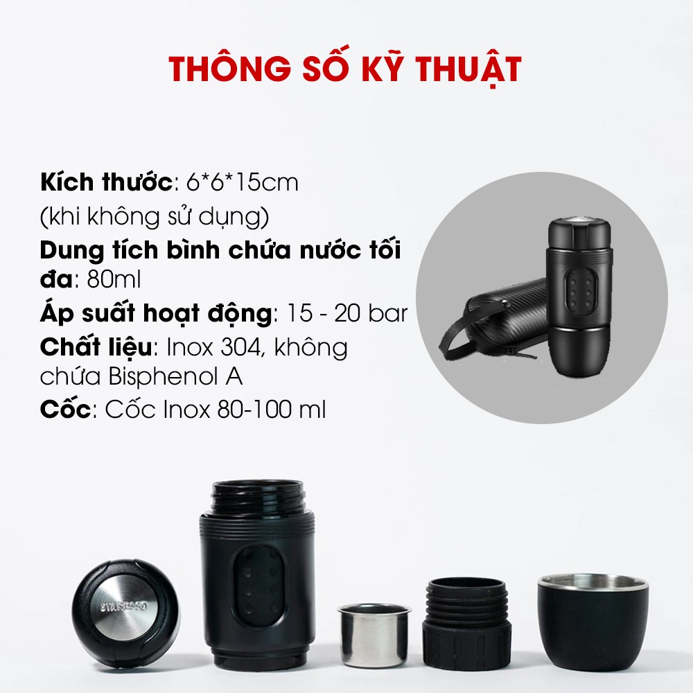 Máy pha cafe cầm tay STARESSO MINI không cần dùng pin và điện, chính hãng, BH 6 tháng