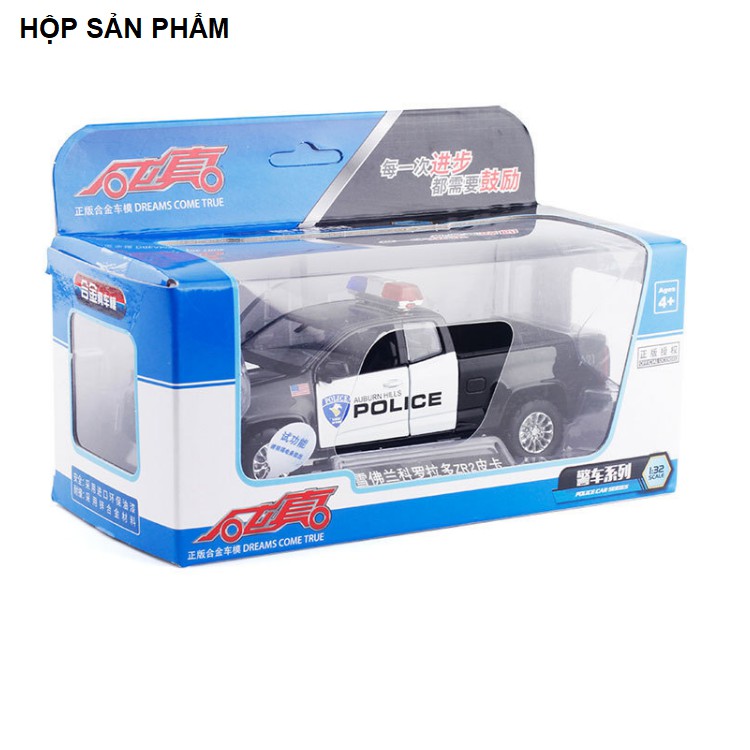 Mô hình xe ô tô cảnh sát bán tải Chevrolet 1:32 xe bằng kim loại có âm thanh cánh sát và đèn mở được cửa