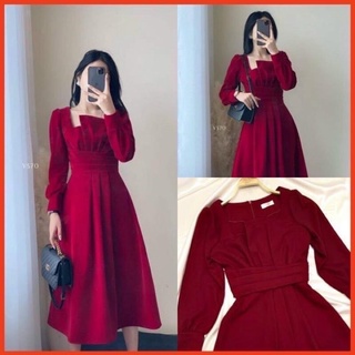 TCO Váy đầm nữ đỏ dáng dài phối cổ cách điệu thích hợp mặc đi dự tiệc du xuân tết noel tay phồng