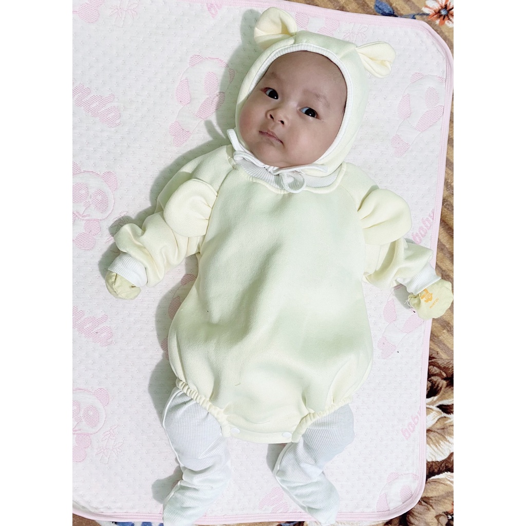 Body nỉ bông thu đông cho bé Nina Kids Boutique Bộ body liền thân Kèm mũ và quần tất Size 0m 24m