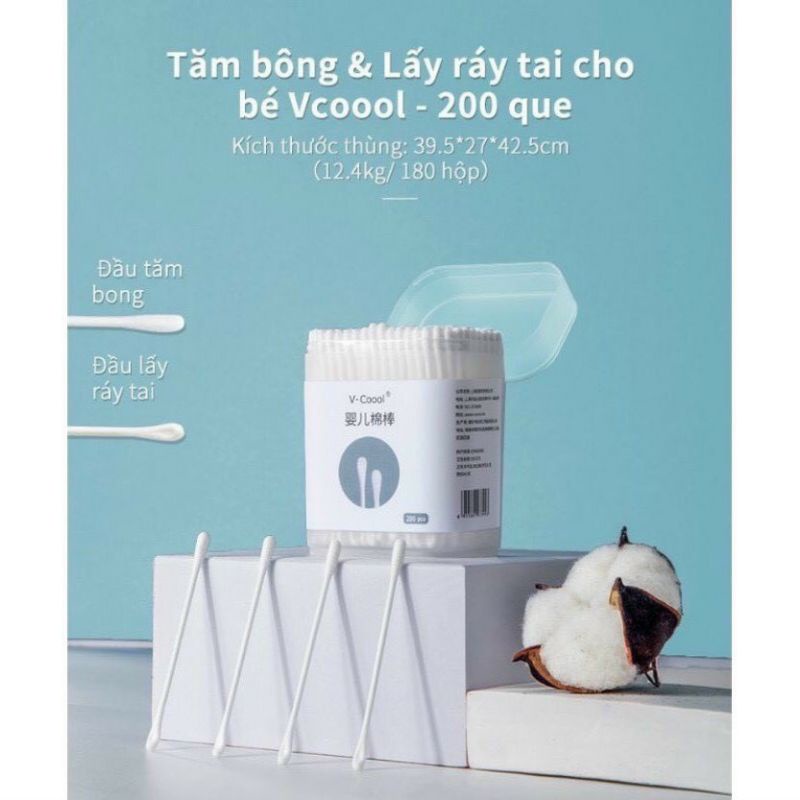 Hộp to 200c tăm bông sơ sinh vcoool thân giấy an toan