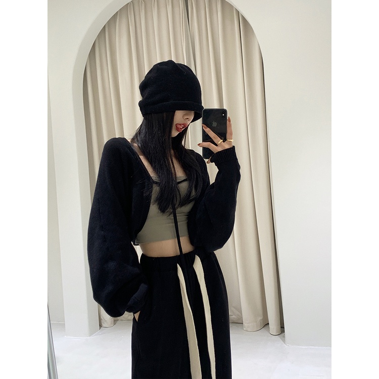 Áo Khoác cardigan Dệt Kim Dáng Ngắn Form Rộng Màu Đen