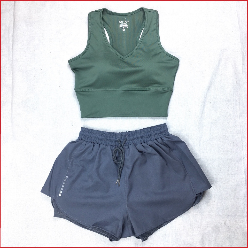 Quần áo tập gym nữ, set tập gym yoga aerobic nữ chất đẹp bra siết eo cổ tim kết hợp quần đùi 2 lớp