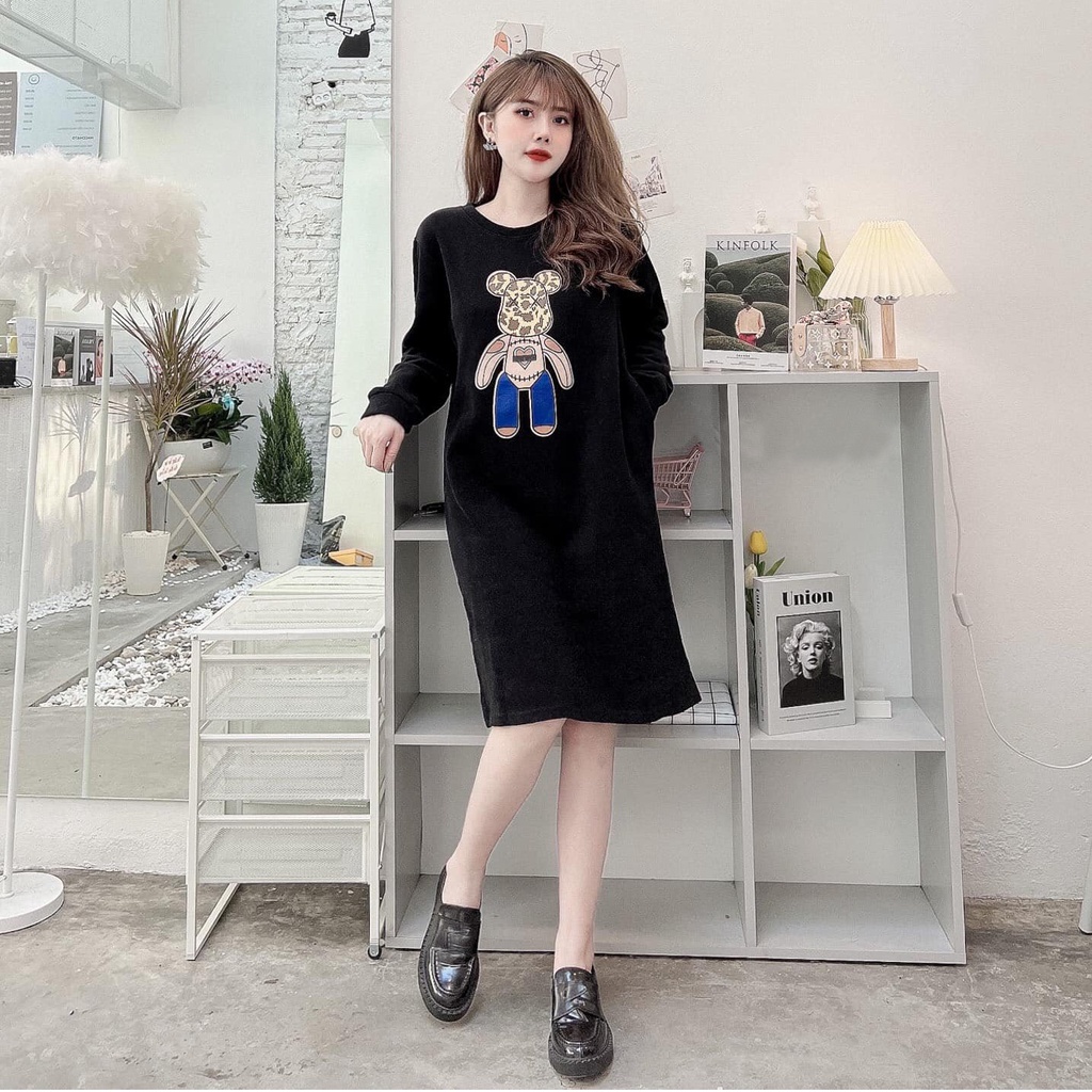 Đầm suông dài , váy suông bầu thu đông chất nỉ Gemmy House gấu báo