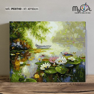 Tranh tự tô màu sơn dầu số hóa - Mã PC0740 Hồ nước trong sương Tranh phong cảnh thiên nhiên hoa súng mùa xuân Myart