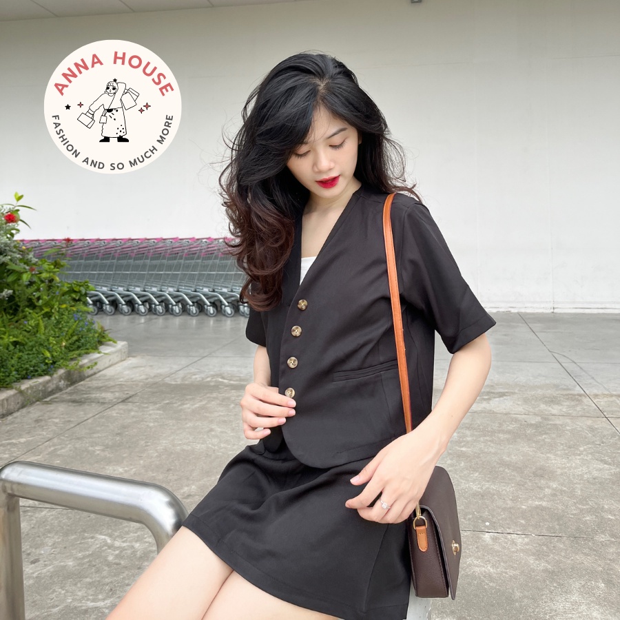 Set đồ nữ áo croptop cổ tim kèm chân váy ngắn chữ A, set áo sơ mi ngắn dáng croptop cổ V vest tay ngắn phối chân váy