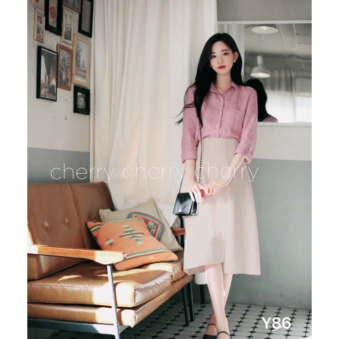 Sét áo sơ mi hồng chân váy chữ A Y86