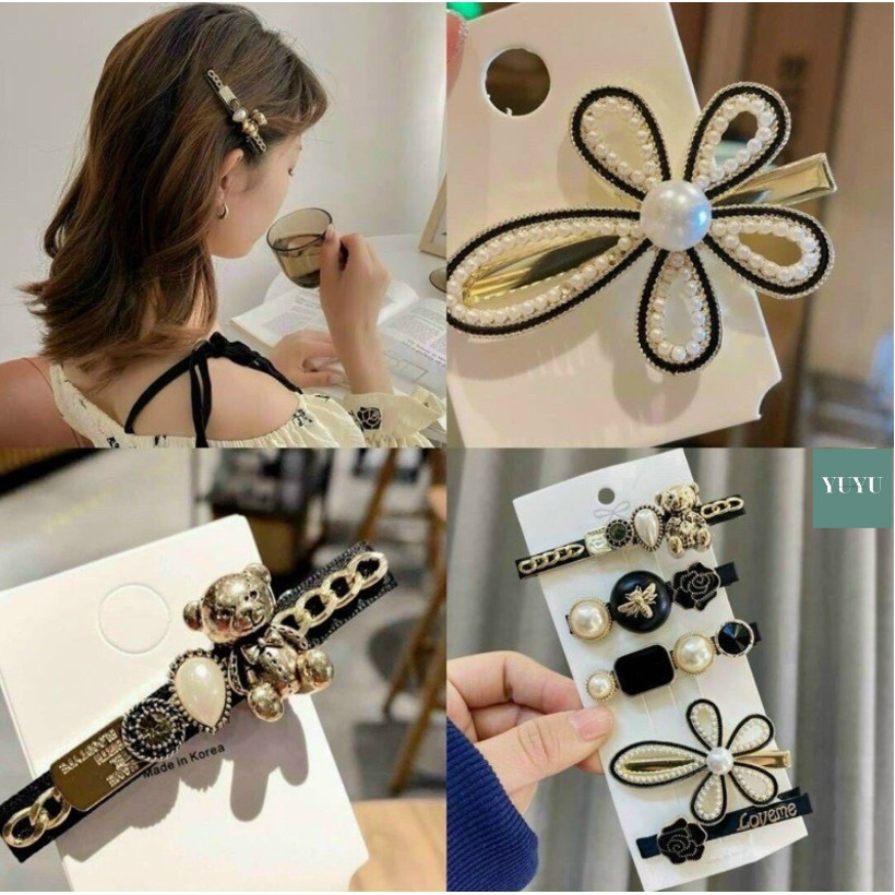Set 5 Kẹp Tóc Hình Nơ Đính Ngọc Trai Màu Đen Phong Cách Retro Hàn Quốc