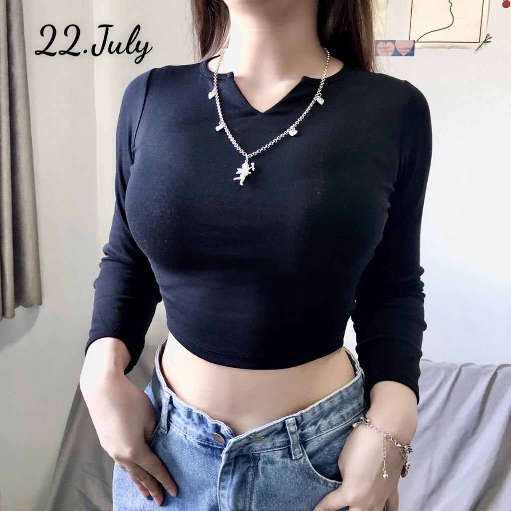 Áo croptop cổ V tay dài sexy nhẹ nhẹ, vải đẹp mịn, co giản tốtHình thật tại shop 22.July