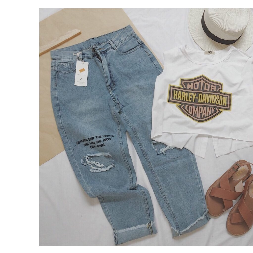 quần jean nữ baggy in họa tiết rách gối 521 3558