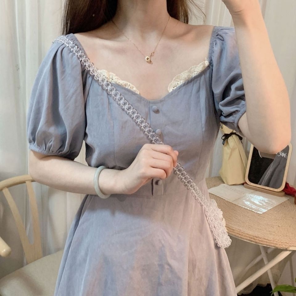 Đầm midi chữ A tay ngắn phối ren thời trang mùa hè phong cách Hàn Quốc