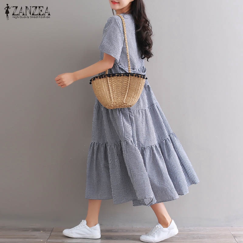 Đầm babydoll họa tiết kẻ sọc ZANZEA phối thắt lưng thời trang cho nữ