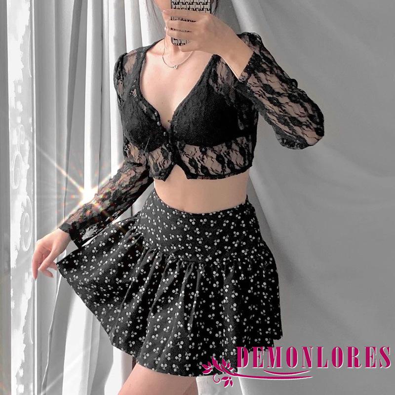 Áo Crop Top Ren Mỏng Tay Dài Cổ V Cài Nút Phong Cách Vintage Gợi Cảm Cho Nữ