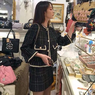 Set áo khoác tweed+chân váy dạ