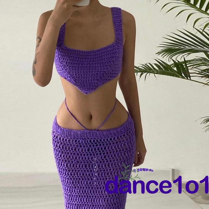 dance1o1-Bộ áo lửng hai dây và chân váy dài dệt kim cho nữ