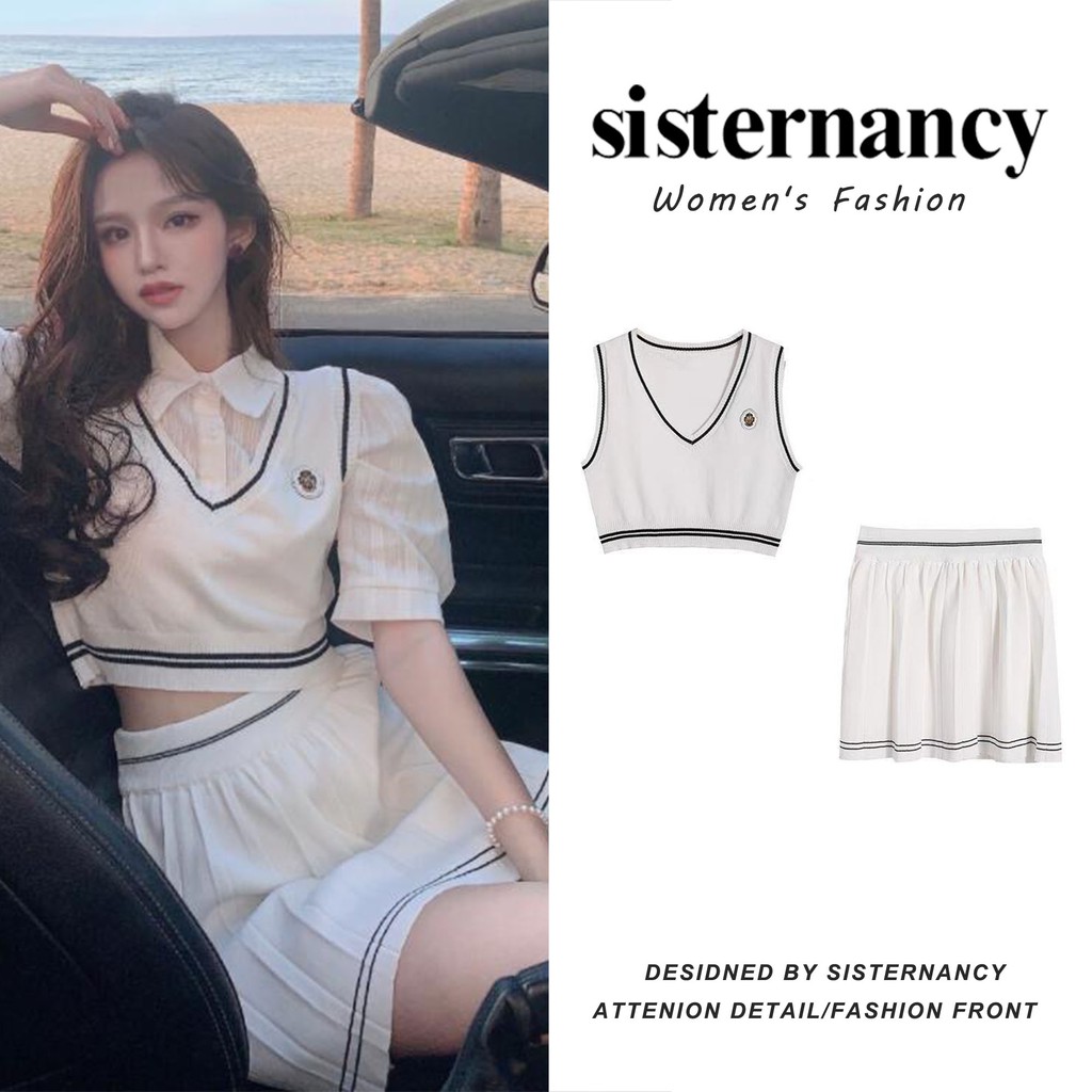 COZOK Set áo sơ mi tay dài + áo vest + chân váy xếp ly thời trang cho nữ