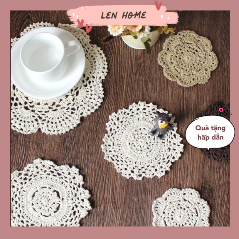 RC/Tấm lót ly tách bình hoa ren móc thủ công vintage phòng cách châu âu 100% cotton trang trí decor phòng bếp retro Âu