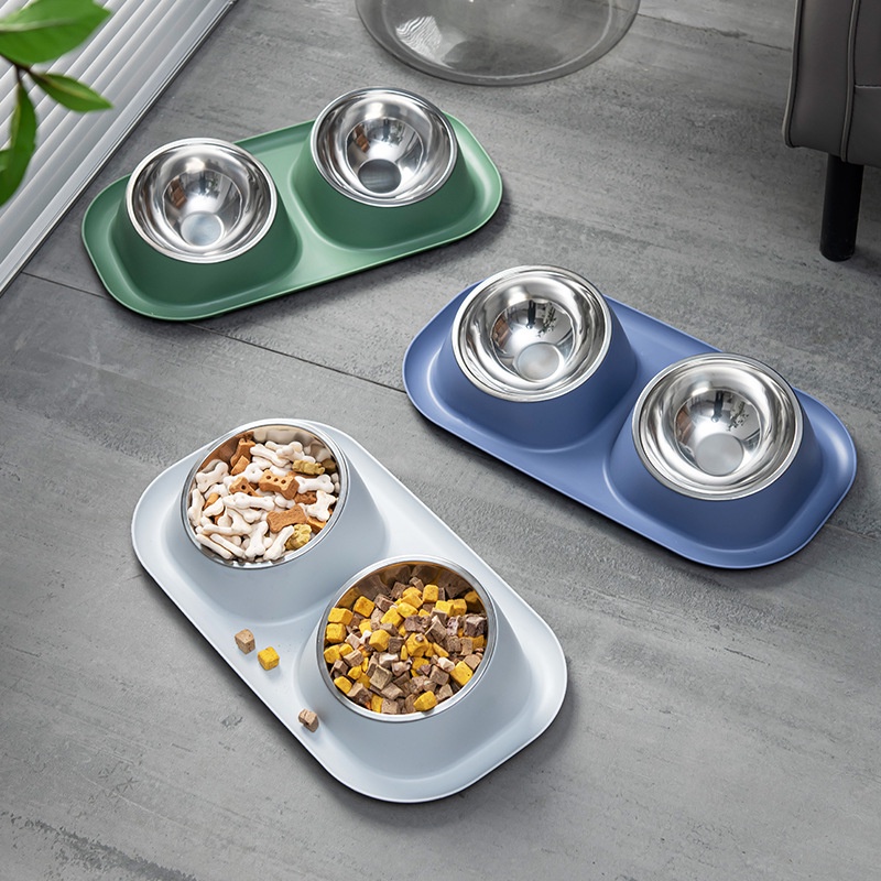 Bát ăn cho mèo đôi bát ăn cho chó hai ngăn 2 bát inox tháo rời chống kiến nghiêng chống gù 40x23cm