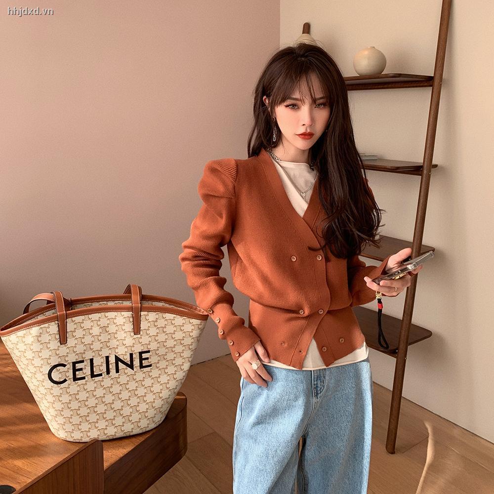 ☾▨2021 New Double-breasted Candy Color Knit Cardigan Reduced Age Puff Sleeve V-neck Design Sense Long Sleeve Sweater Jacket