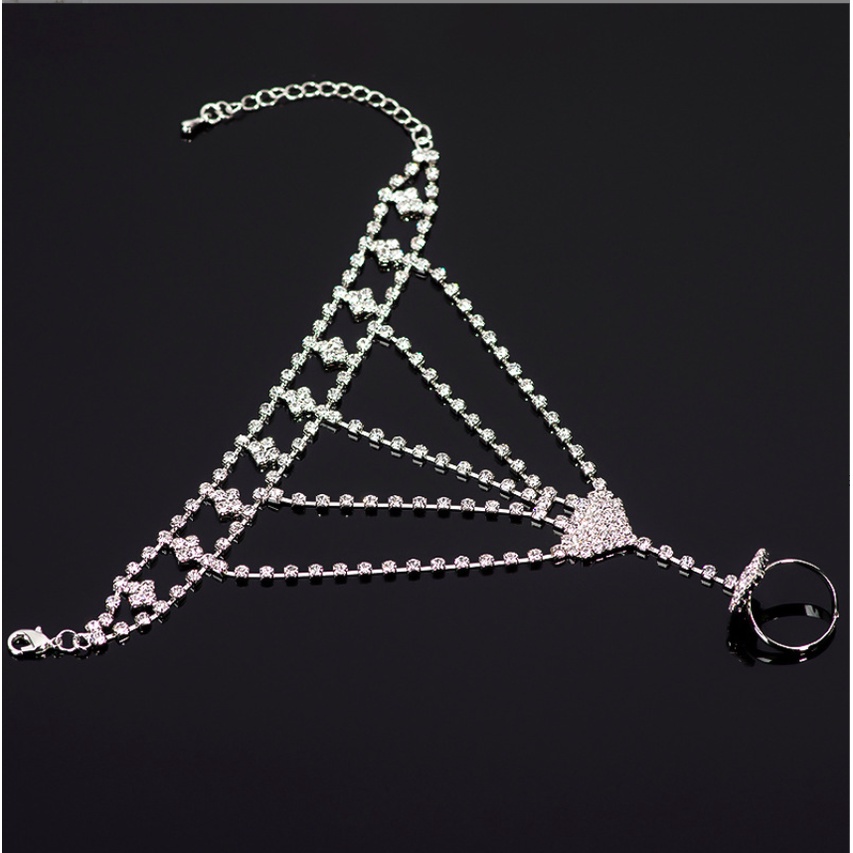 Lắc Tay Bạc Nữ Free Size Họa Tiết Pha Lê Chuỗi Liền Nhẫn Phù Hợp Dạ Tiệc Cô Dâu