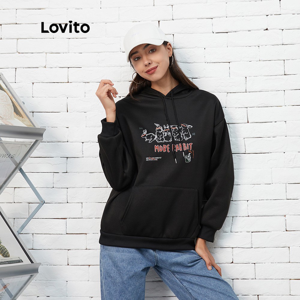 Áo sweatshirt Lovito phối dây rút in chữ đơn giản L07185 (màu đen)