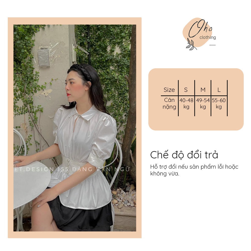 Áo Sơ Mi Công Sở Nữ Ngắn Tay Đai Eo Chất Lụa Thô Thoáng Mát, Sơ Mi Kiểu Hàn Quốc Đi Làm OHO CLOTHING