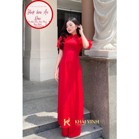 △Áo dài đỏ thiết kế bông hoa thủ công, phần đuôi tết rất cách điệu, chất lụa tây thi 2 tà | BigBuy360 - bigbuy360.vn