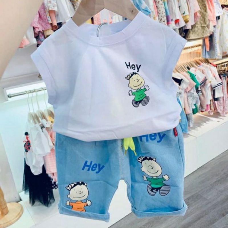 Set áo pull tay hến quần jean bé trai 10-14kg