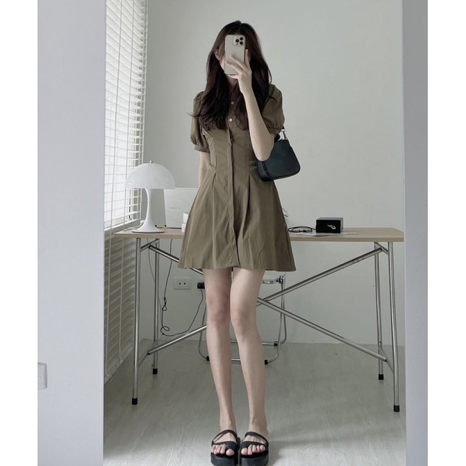 [HÀNG SẴN]VÁY KAKI 2 DA TAY BỒNG CHIẾT EO 1407 siêu xinh