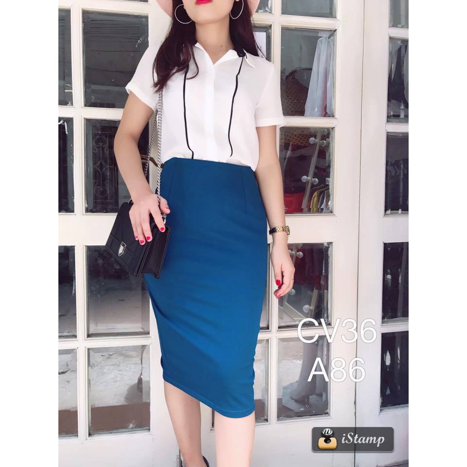 Chân váy bút chì xanh cổ vịt
