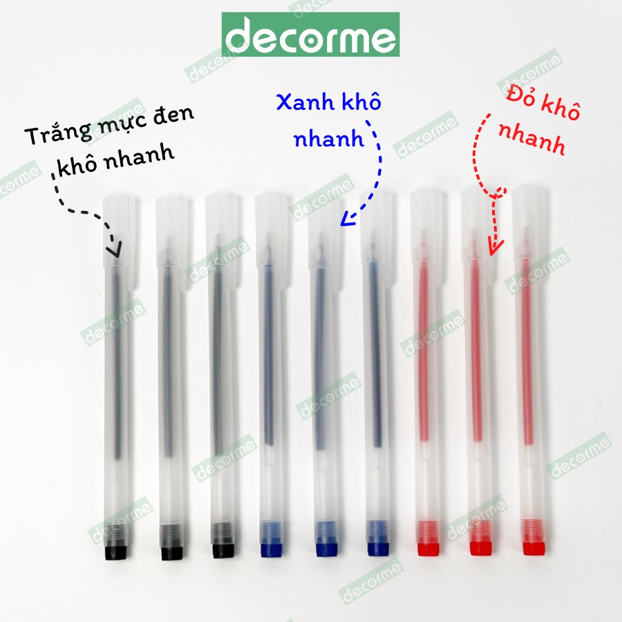 Bút gel DecorMe viết nhanh khô ngòi 0.5mm 3 màu đen xanh đỏ viết trơn mực đều nét chữ đẹp có thể thay ngòi gel kim 13cm