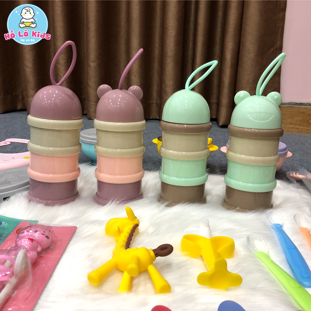 Hộp chia sữa, hộp chia thức ăn cho bé 3 tầng hình gấu có quai xách Hồ Lô Kids