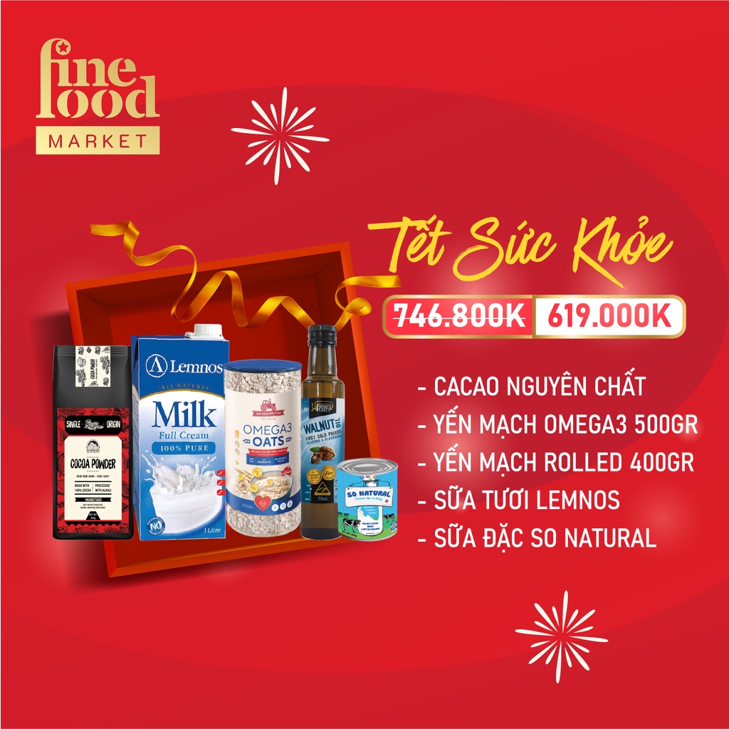 Combo món quà Tết Sức khỏe FINEFOOD MARKET ( Dầu óc chó+sữa tươi+sữa đặc+Cacao+Yến mạch)