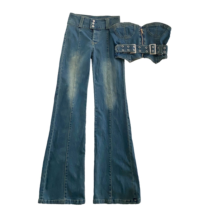 Set áo ống jean cúp ngực thắt đai ôm eo và quần jeans phong cách cổ điển