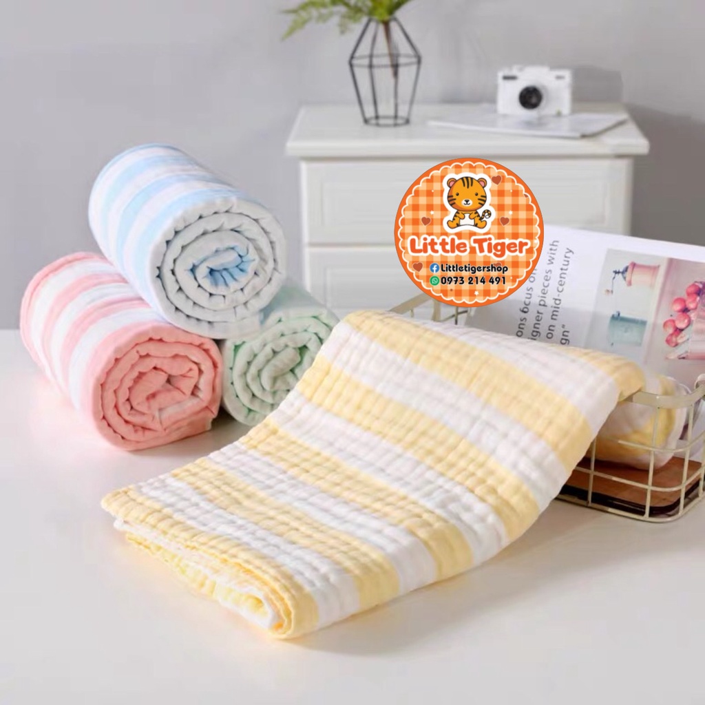 (Tặng 1 khăn sữa cùng loại)- Khăn tắm sọc kẻ màu cho bé - Khăn tắm xô nhăn 6 lớp thấm hút tốt Littletiger