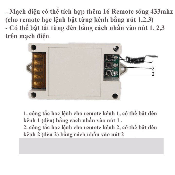 Công tắc điều khiển từ xa rf 2 cổng ra remote học lệnh tần số 433mhz