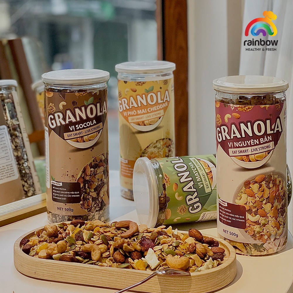 GRANOLA SIÊU HẠT RAINBOW - Hộp 500g - Có 4 vị - Công thức mới đăc biệt tăng hương vị với 80% các loại hạt và hoa quả sấy