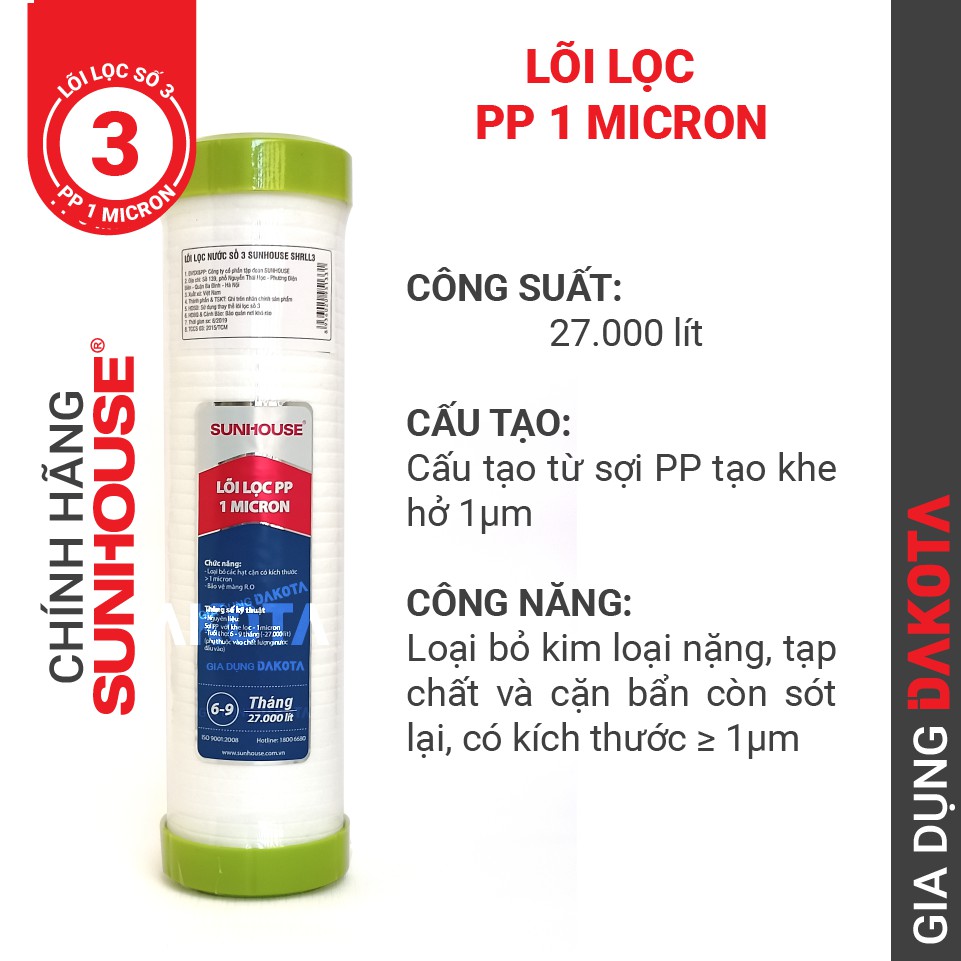 Bộ 3 lõi lọc thô chính hãng Sunhouse, lõi lọc 10 inch cho máy lọc nước RO