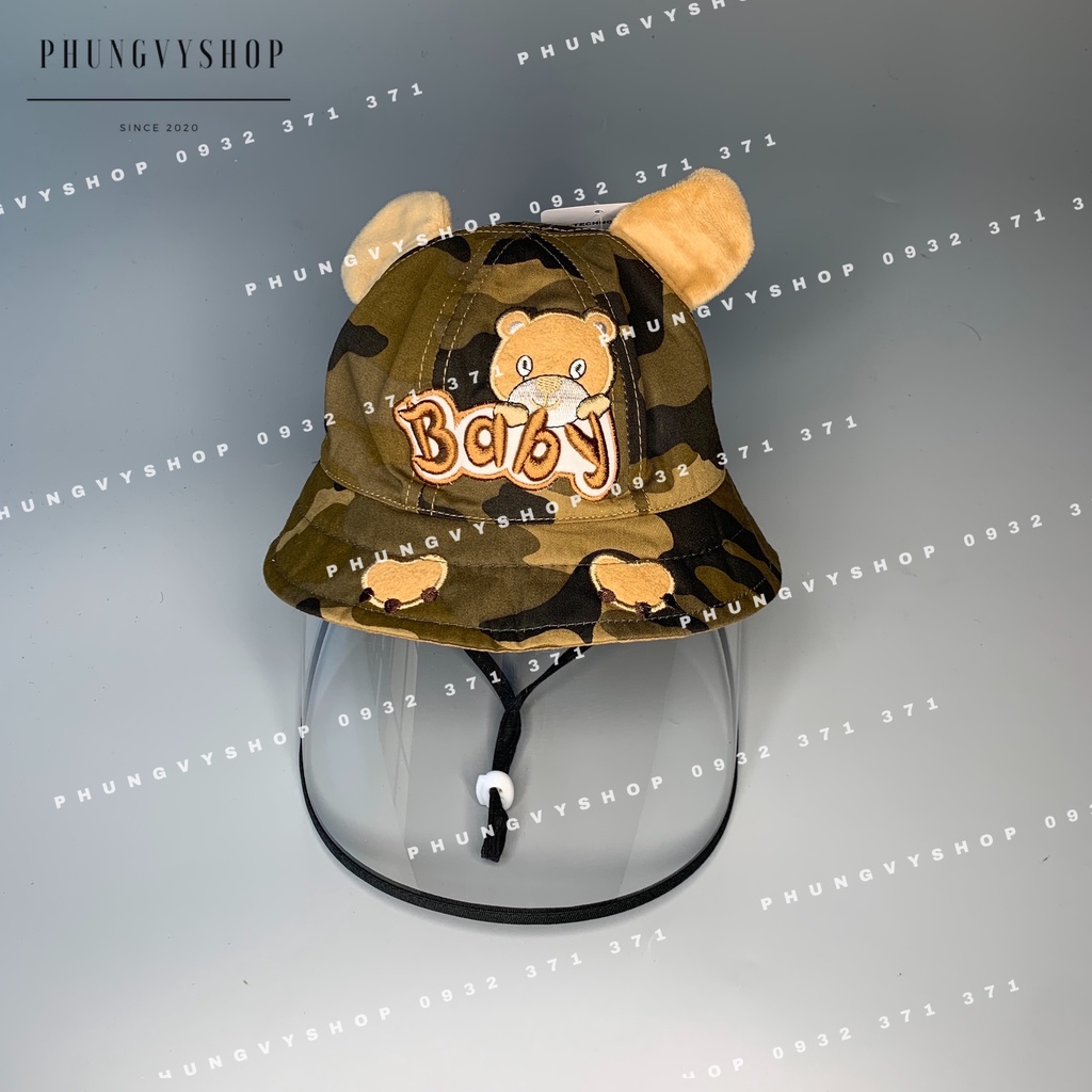 (Bé dưới 18 tháng/ Vòng đầu 48cm) Mũ CHỐNG GIỌT BẮN cho bé trai bé gái - BẠN GẤU ĐI LÍNH- Nón cản bụi
