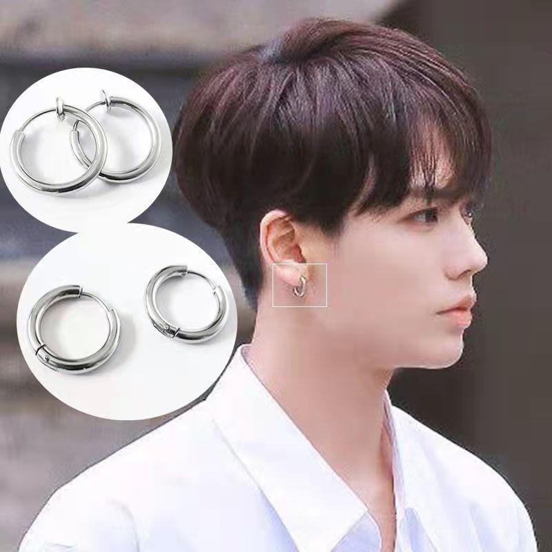 Khuyên tai tròn dạng kẹp KC nam nữ Punstore màu bạc đen đơn giản đẹp  - HT Kẹp KC