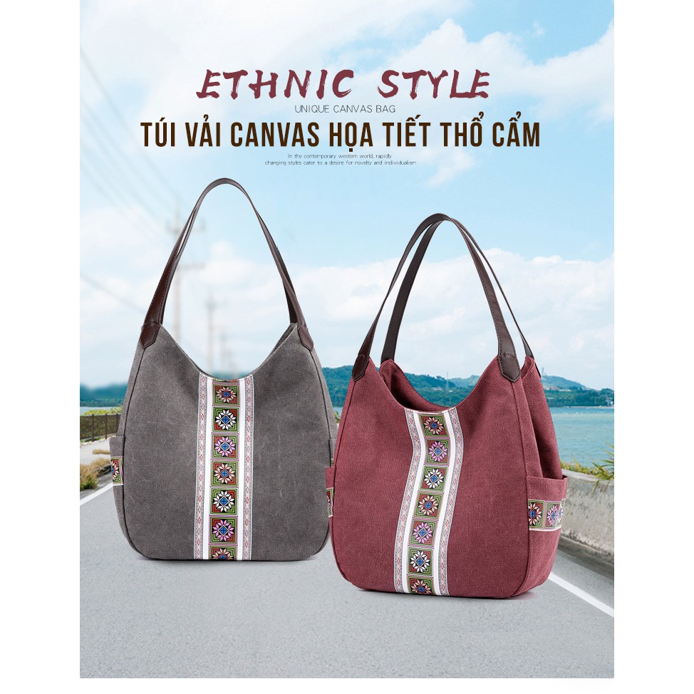 Túi Tote canvas vintage nữ cao cấp họa tiết thổ cẩm dọc – KVKY – 1562