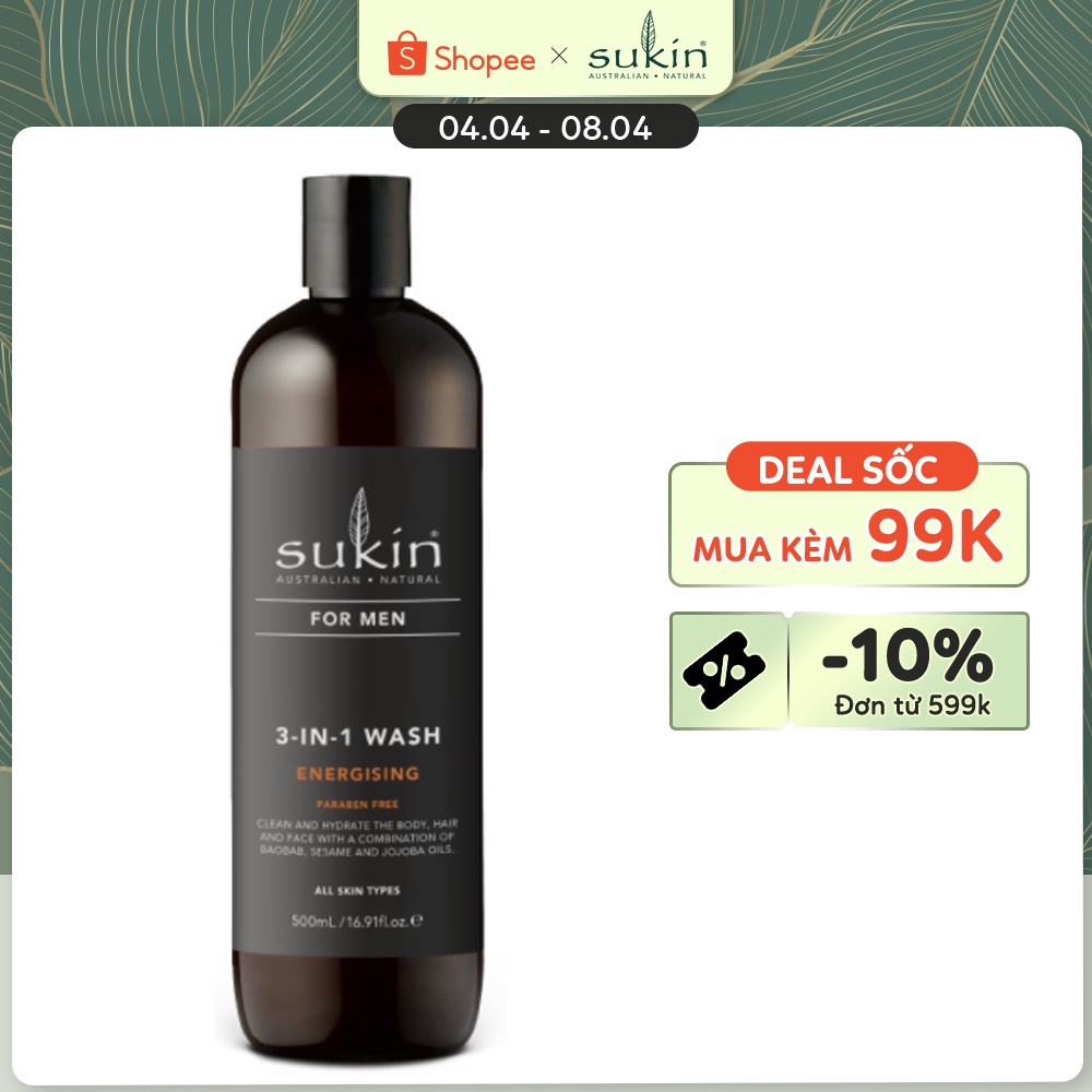 Sữa Tắm Sukin Bổ Sung Năng Lượng 3 trong 1 Dành Cho Nam Sukin For Men 3 - in - 1 Wash Energising 500ml
