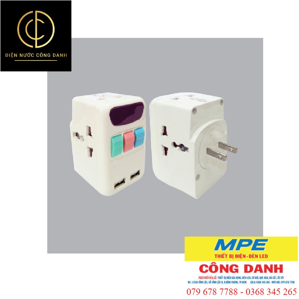 Ổ CẮM DU LỊCH ĐA NĂNG TÍCH HỢP 2 CỔNG SẠC USB 3 CÔNG TẮC MPE TA4
